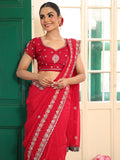 Red Embellished Embroidered Zari Satin Heavy Work Saree