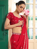 Red Embellished Embroidered Zari Satin Heavy Work Saree