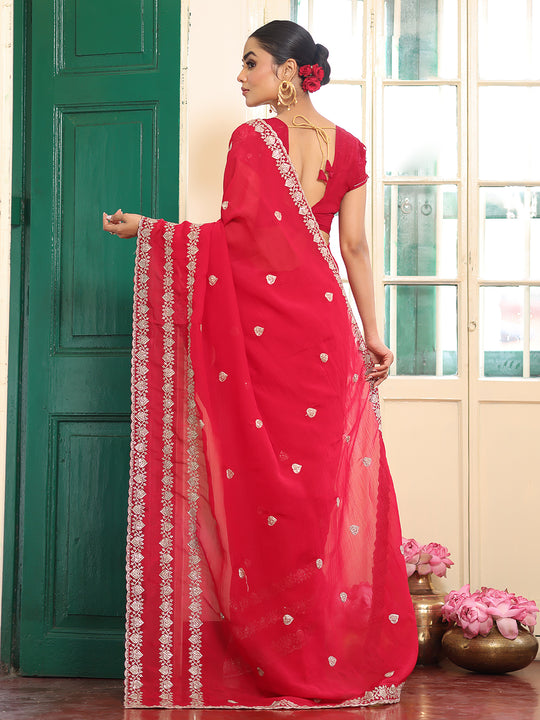 Red Embellished Embroidered Zari Satin Heavy Work Saree