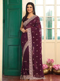 Wine Zari Embroidered Embellished Chiffon Saree