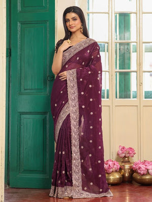 Wine Zari Embroidered Embellished Chiffon Saree