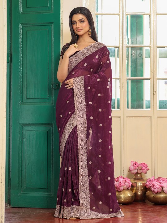 Wine Zari Embroidered Embellished Chiffon Saree