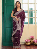 Wine Zari Embroidered Embellished Chiffon Saree