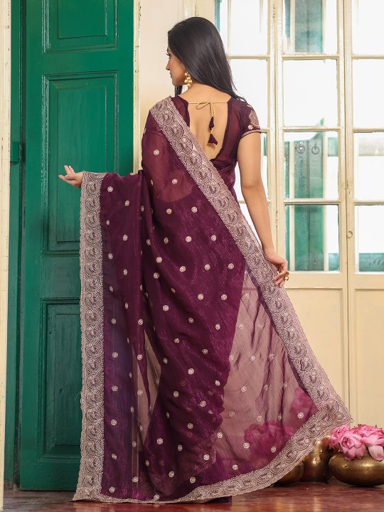 Wine Zari Embroidered Embellished Chiffon Saree