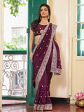 Wine Zari Embroidered Embellished Chiffon Saree