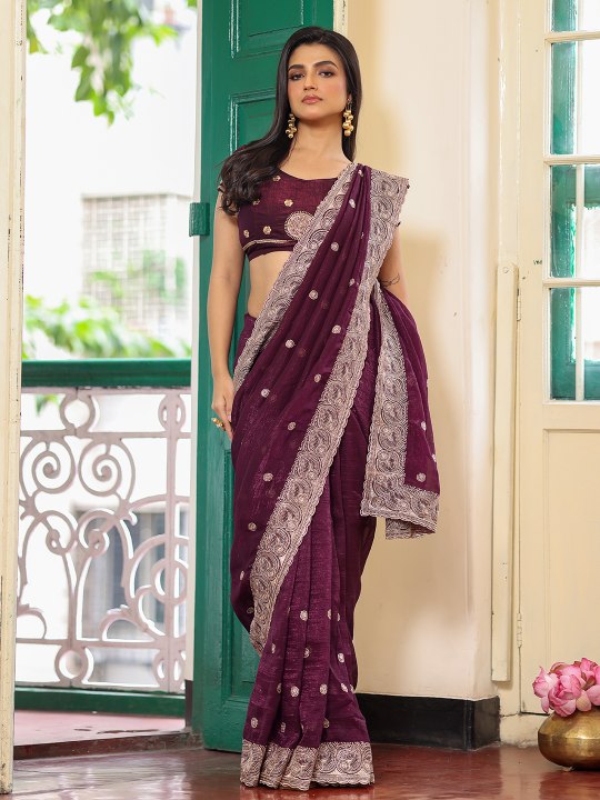 Wine Zari Embroidered Embellished Chiffon Saree