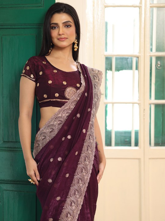Wine Zari Embroidered Embellished Chiffon Saree