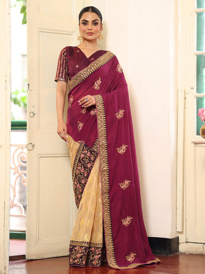 Wine And Beige Embroidered Embellished Viscose Saree