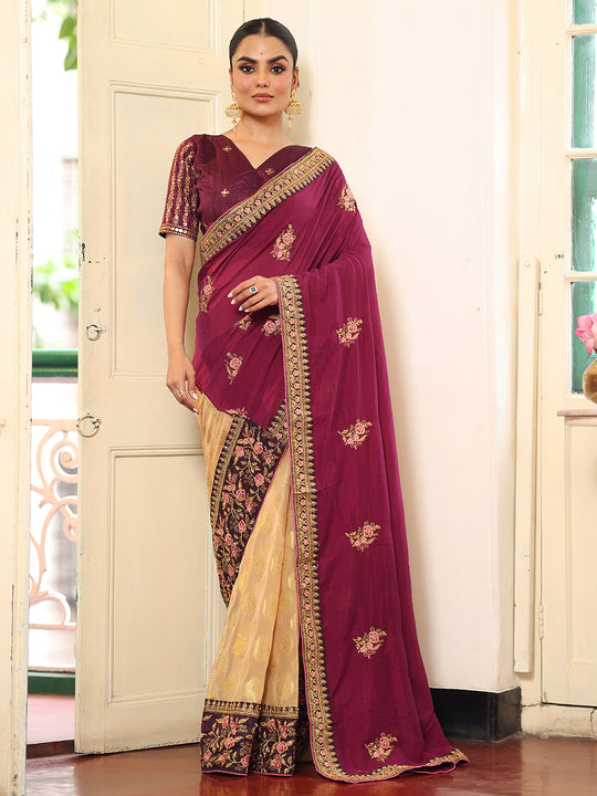 Wine And Beige Embroidered Embellished Viscose Saree