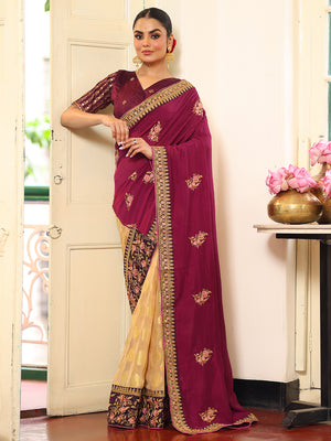 Wine And Beige Embroidered Embellished Viscose Saree