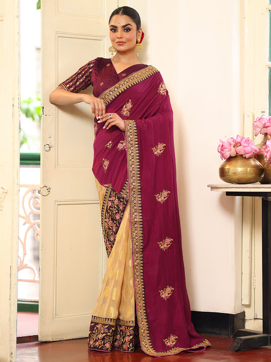 Wine And Beige Embroidered Embellished Viscose Saree