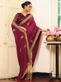 Wine And Beige Embroidered Embellished Viscose Saree