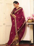Wine And Beige Embroidered Embellished Viscose Saree