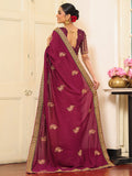 Wine And Beige Embroidered Embellished Viscose Saree