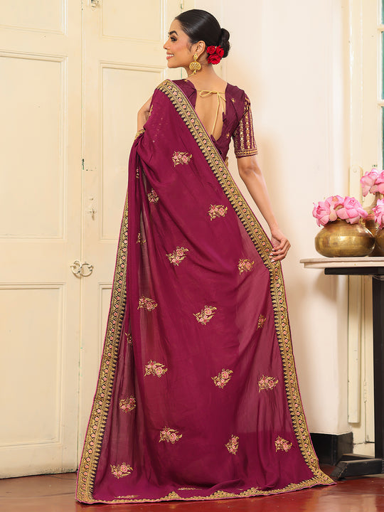 Wine And Beige Embroidered Embellished Viscose Saree