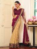 Wine And Beige Embroidered Embellished Viscose Saree