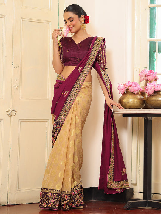 Wine And Beige Embroidered Embellished Viscose Saree
