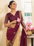 Wine And Beige Embroidered Embellished Viscose Saree