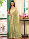 Green Embellished Sequinned Lace Pure Chiffon Saree With Blouse Piece