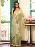 Green Embellished Sequinned Lace Pure Chiffon Saree With Blouse Piece
