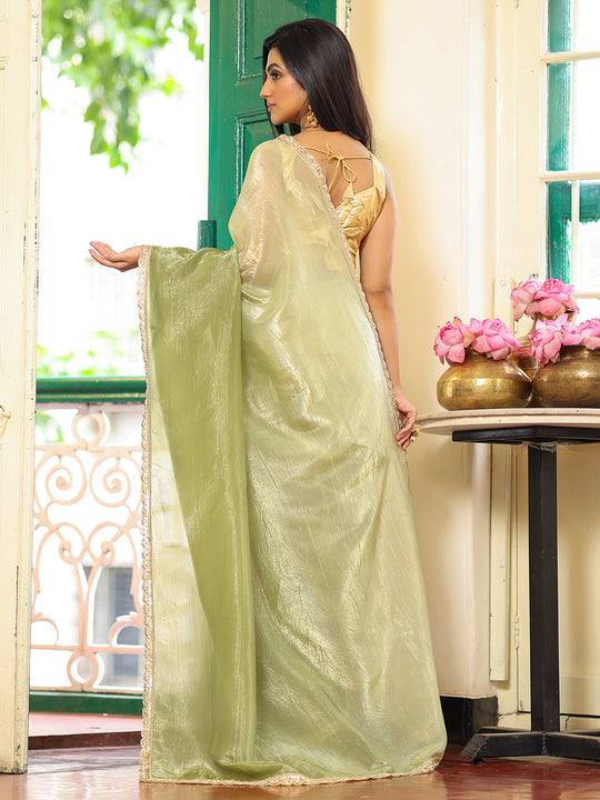 Green Embellished Sequinned Lace Pure Chiffon Saree With Blouse Piece