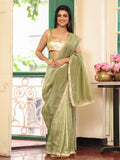 Green Embellished Sequinned Lace Pure Chiffon Saree With Blouse Piece