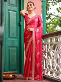 Pink Ethnic Motifs Embroidered Zari Pure Chiffon Heavy Work Saree