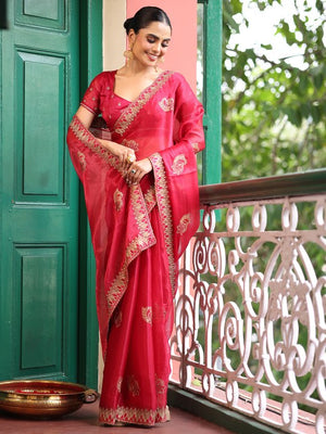 Pink Ethnic Motifs Embroidered Zari Pure Chiffon Heavy Work Saree