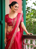 Pink Ethnic Motifs Embroidered Zari Pure Chiffon Heavy Work Saree
