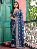 Blue Embellished Embroidered Pure Chiffon Saree With Blouse Piece