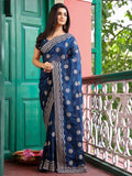 Blue Embellished Embroidered Pure Chiffon Saree With Blouse Piece