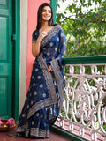 Blue Embellished Embroidered Pure Chiffon Saree With Blouse Piece