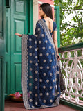 Blue Embellished Embroidered Pure Chiffon Saree With Blouse Piece