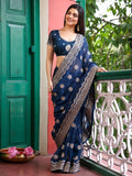 Blue Embellished Embroidered Pure Chiffon Saree With Blouse Piece