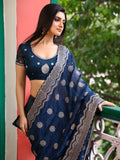 Blue Embellished Embroidered Pure Chiffon Saree With Blouse Piece