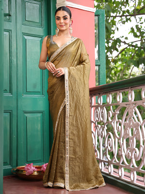 Green Embellished Mirror Work Tissue Saree With Blouse Piece