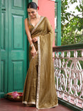 Green Embellished Mirror Work Tissue Saree With Blouse Piece