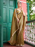 Green Embellished Mirror Work Tissue Saree With Blouse Piece