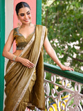 Green Embellished Mirror Work Tissue Saree With Blouse Piece