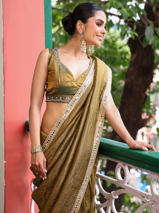 Green Embellished Mirror Work Tissue Saree With Blouse Piece