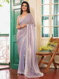 Metallic Grey Embellished Beads And Stones Tissue Saree