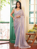 Metallic Grey Embellished Beads And Stones Tissue Saree