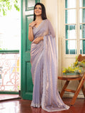Metallic Grey Embellished Beads And Stones Tissue Saree