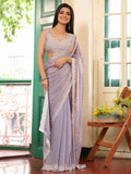 Metallic Grey Embellished Beads And Stones Tissue Saree