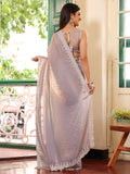 Metallic Grey Embellished Beads And Stones Tissue Saree