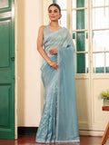 Metallic Blue Embellished Beads & Stones Zari Pure Chiffon Saree