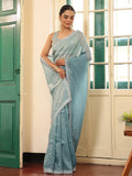 Metallic Blue Embellished Beads & Stones Zari Pure Chiffon Saree