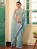 Metallic Blue Embellished Beads & Stones Zari Pure Chiffon Saree
