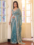 Metallic Blue Zari Embroidered Embellished Tissue Saree