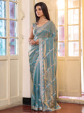 Metallic Blue Zari Embroidered Embellished Tissue Saree